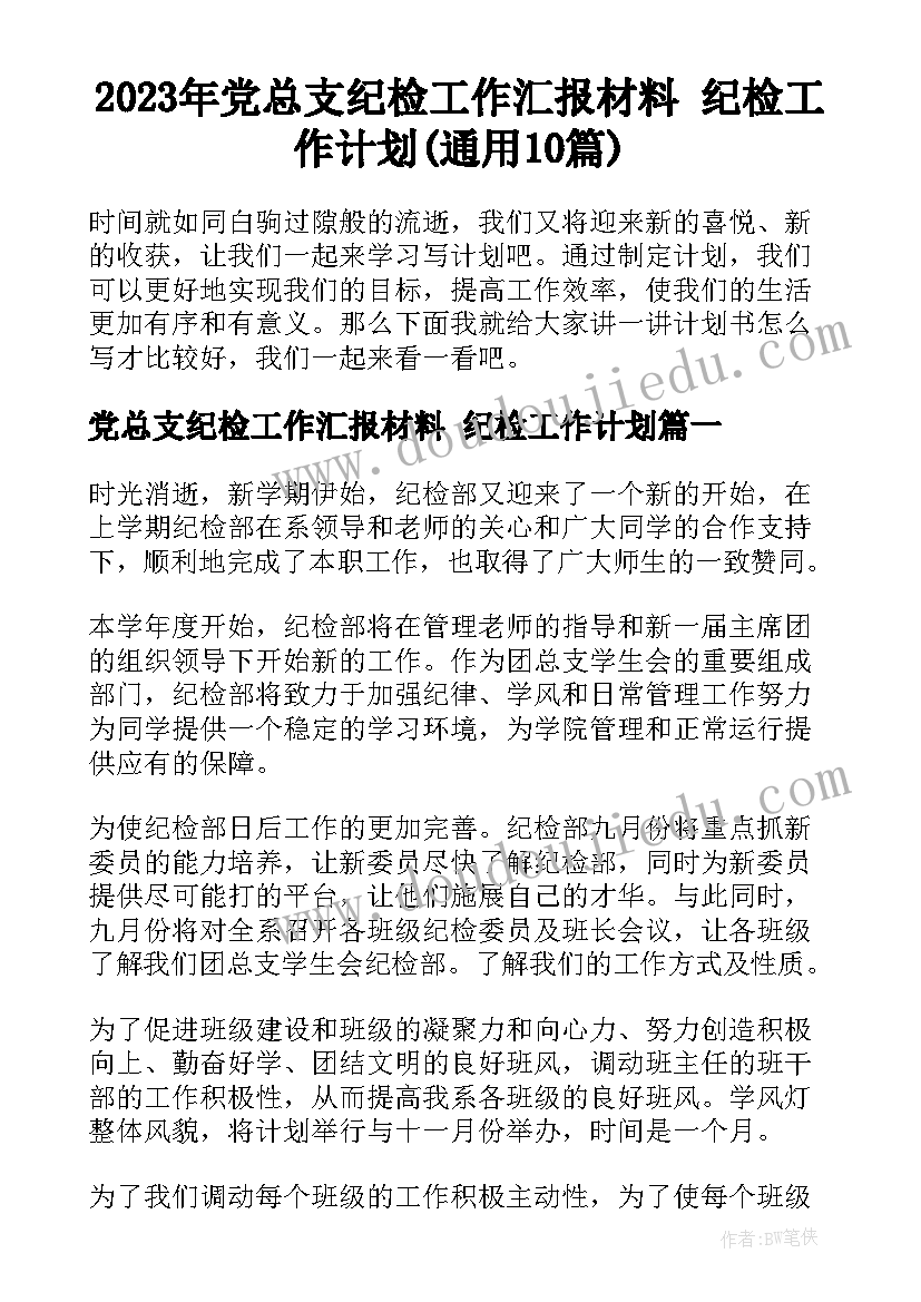 2023年党总支纪检工作汇报材料 纪检工作计划(通用10篇)