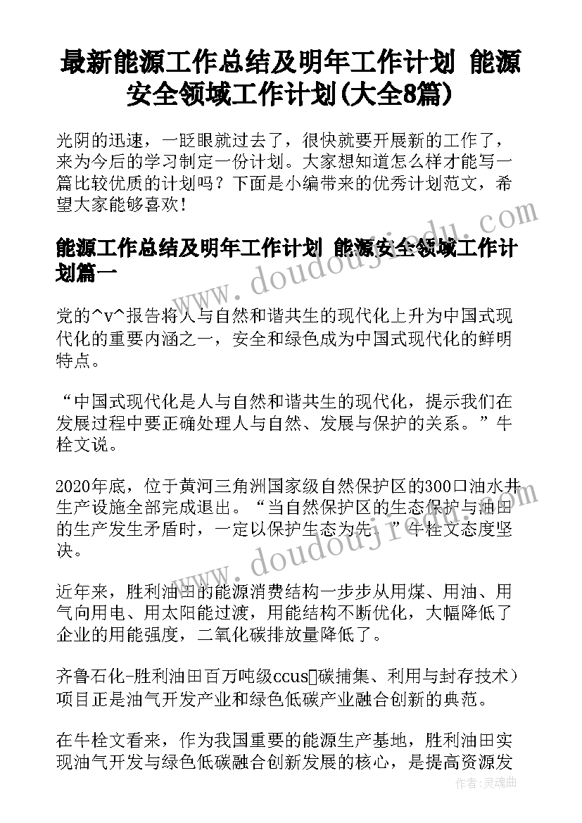 最新能源工作总结及明年工作计划 能源安全领域工作计划(大全8篇)