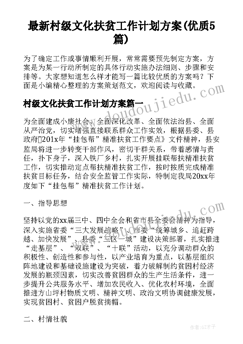 最新村级文化扶贫工作计划方案(优质5篇)