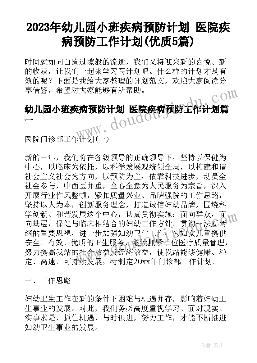 2023年幼儿园小班疾病预防计划 医院疾病预防工作计划(优质5篇)