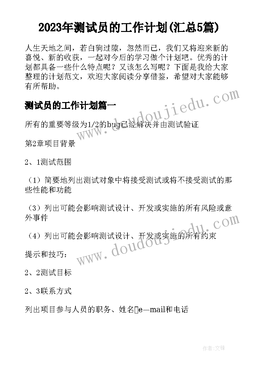 2023年测试员的工作计划(汇总5篇)