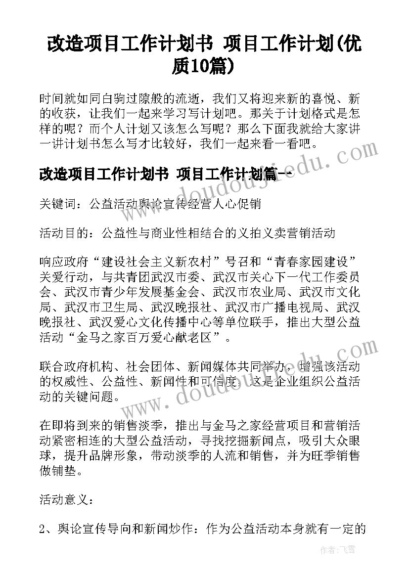 改造项目工作计划书 项目工作计划(优质10篇)