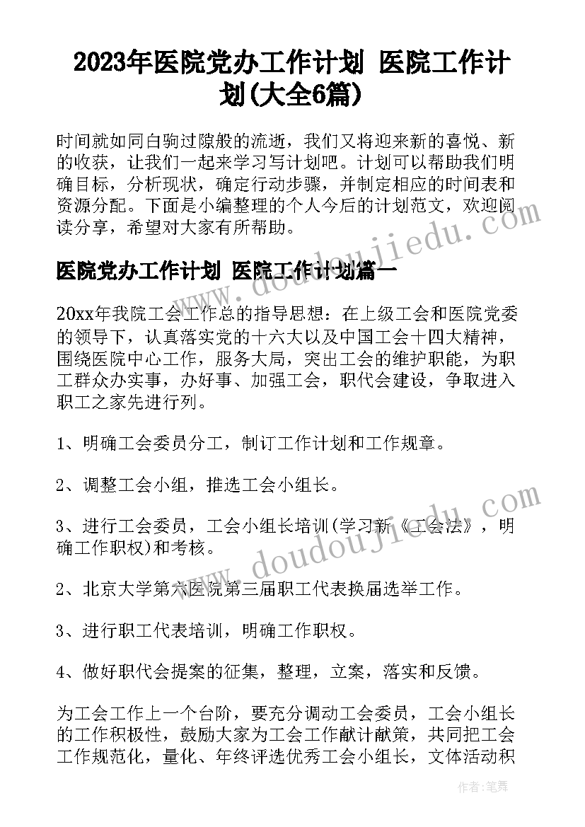 2023年医院党办工作计划 医院工作计划(大全6篇)