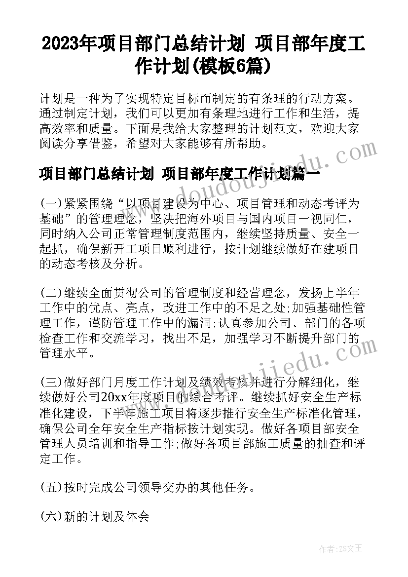 2023年项目部门总结计划 项目部年度工作计划(模板6篇)