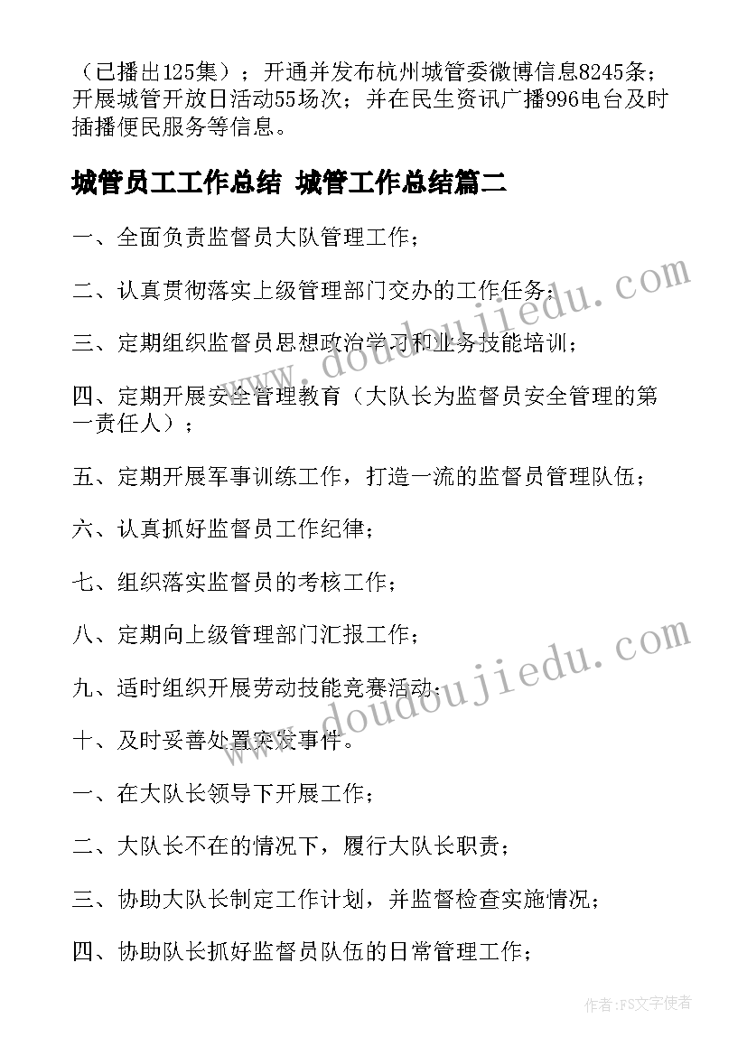 城管员工工作总结 城管工作总结(大全7篇)