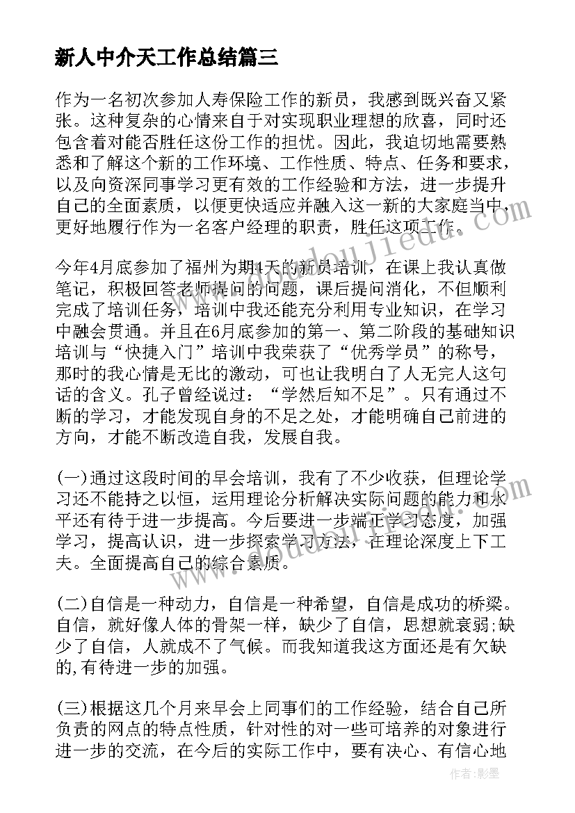 新人中介天工作总结(模板6篇)