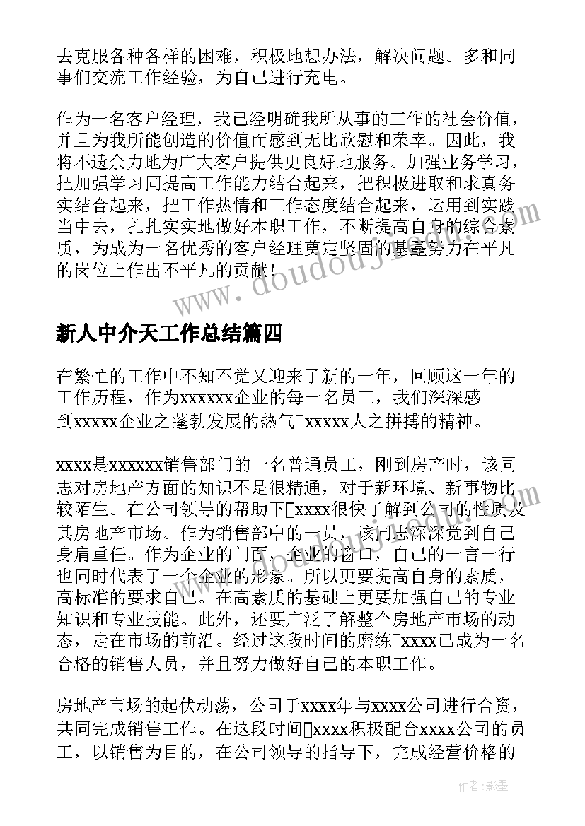 新人中介天工作总结(模板6篇)