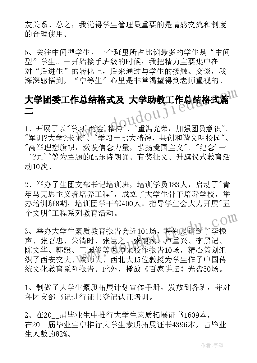 2023年大学团委工作总结格式及 大学助教工作总结格式(汇总6篇)