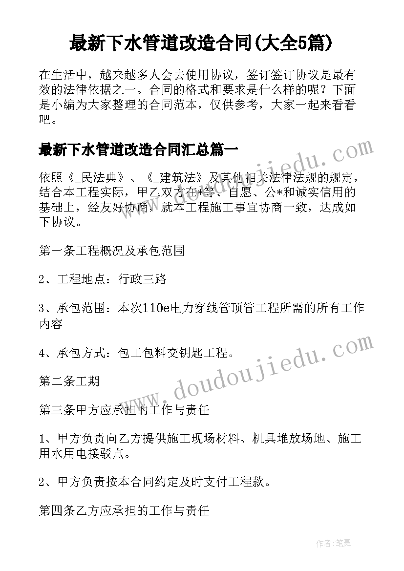 最新下水管道改造合同(大全5篇)