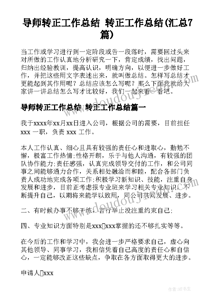 导师转正工作总结 转正工作总结(汇总7篇)