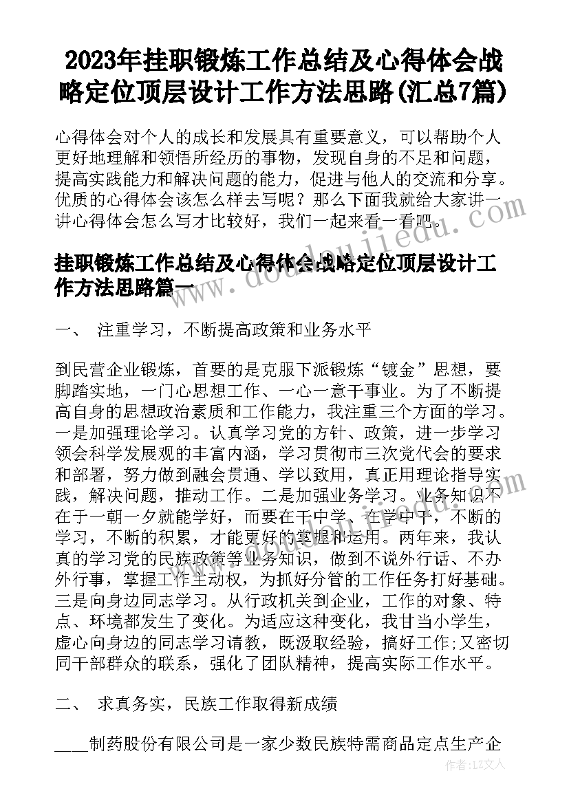 2023年挂职锻炼工作总结及心得体会战略定位顶层设计工作方法思路(汇总7篇)