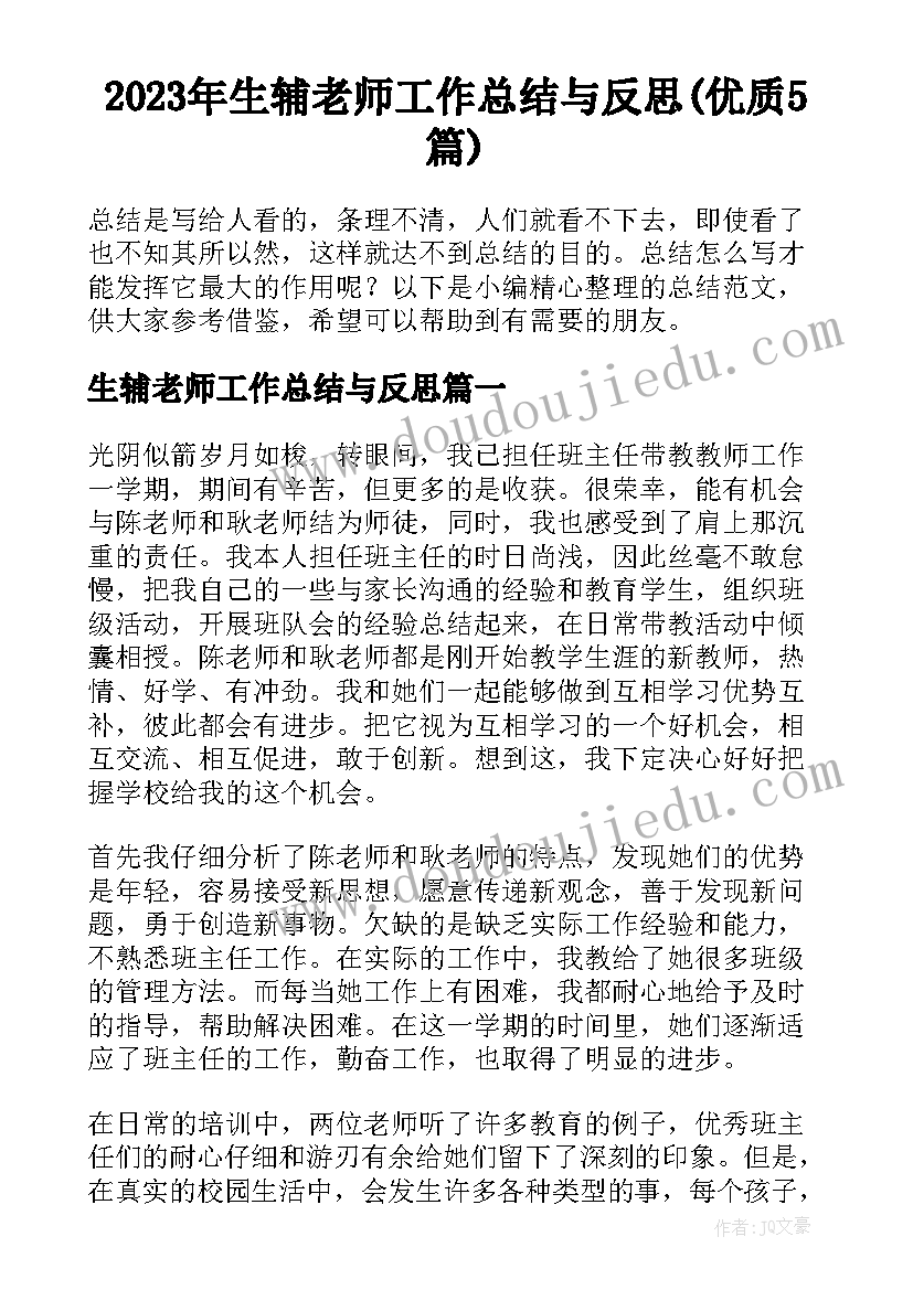 2023年生辅老师工作总结与反思(优质5篇)