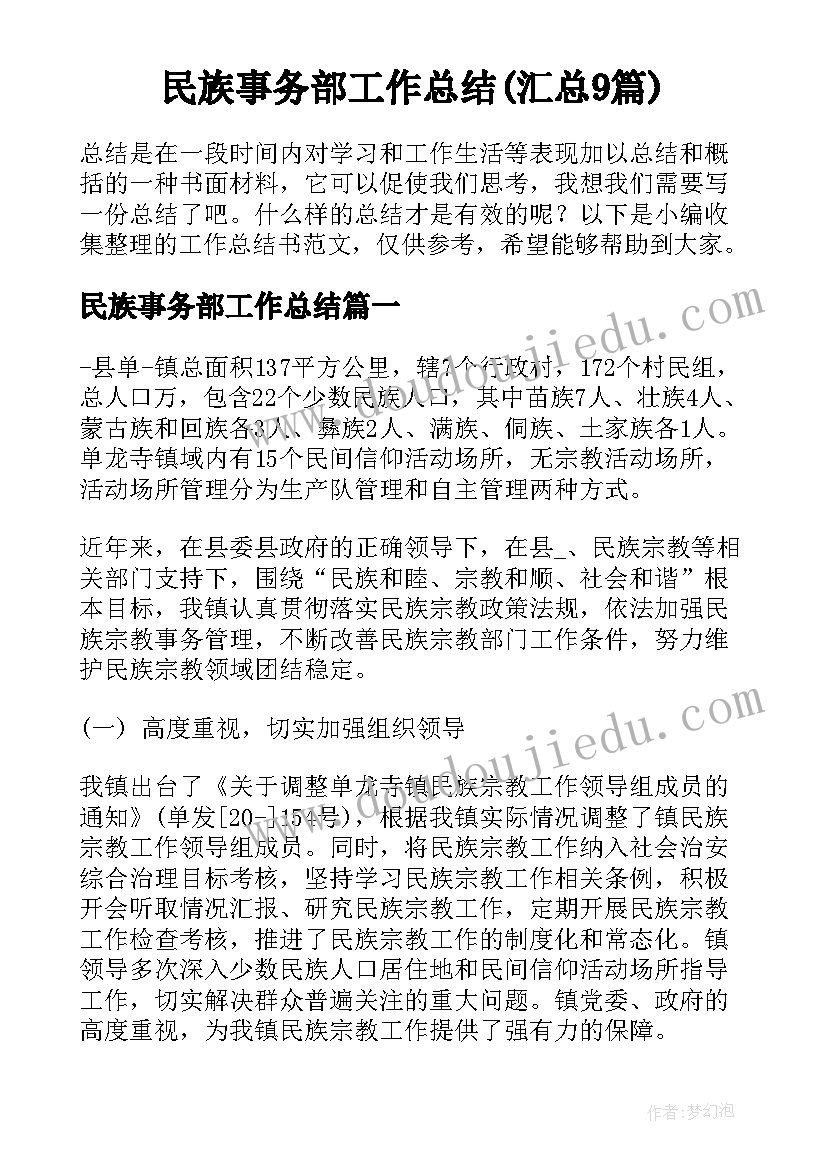 民族事务部工作总结(汇总9篇)