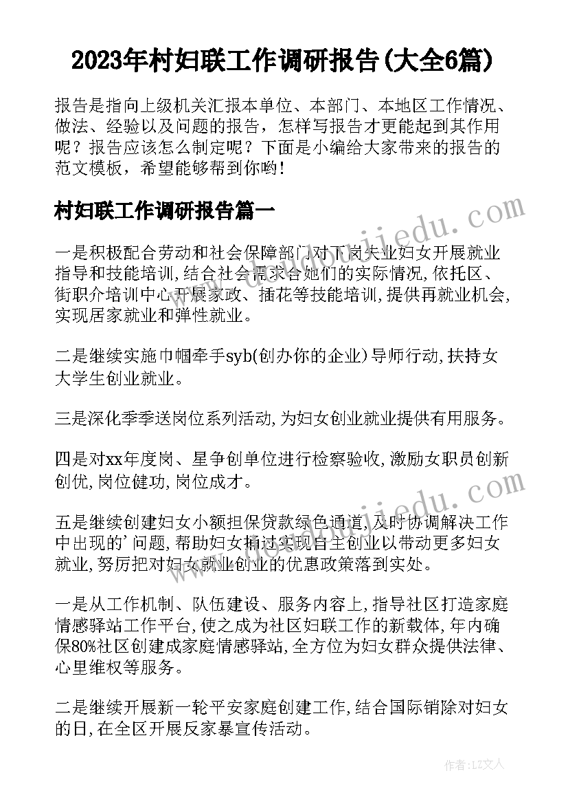 2023年村妇联工作调研报告(大全6篇)