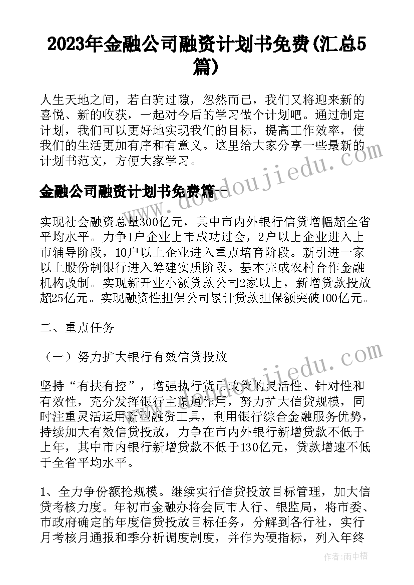 2023年金融公司融资计划书免费(汇总5篇)