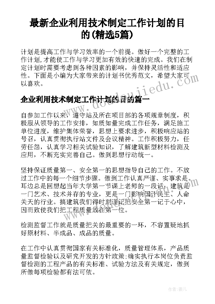 最新企业利用技术制定工作计划的目的(精选5篇)