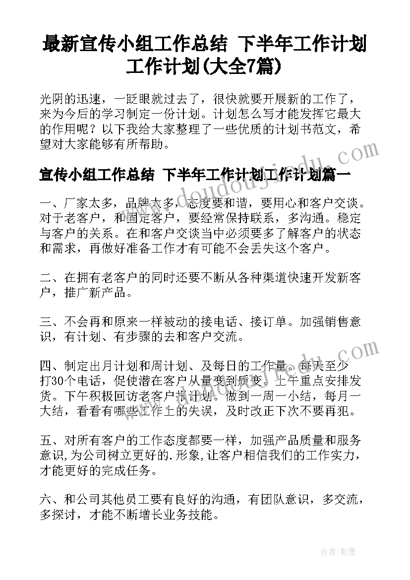 最新宣传小组工作总结 下半年工作计划工作计划(大全7篇)