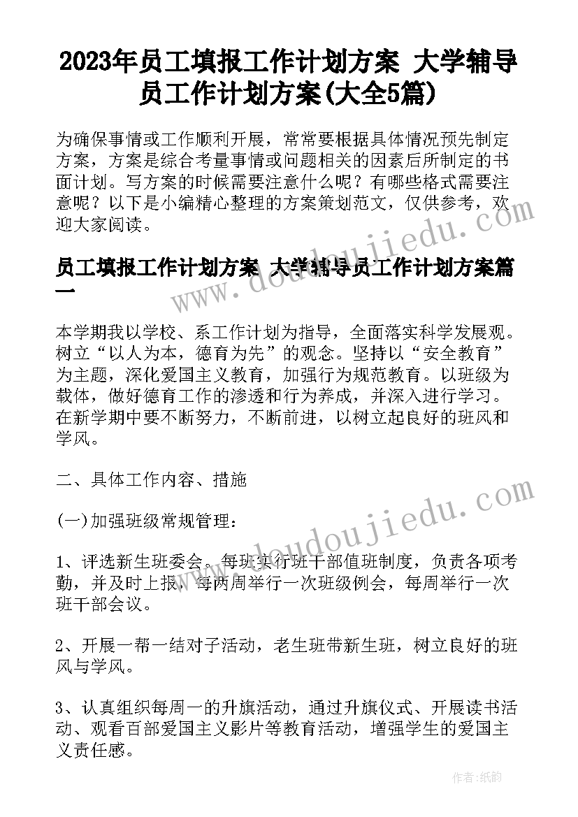 2023年员工填报工作计划方案 大学辅导员工作计划方案(大全5篇)