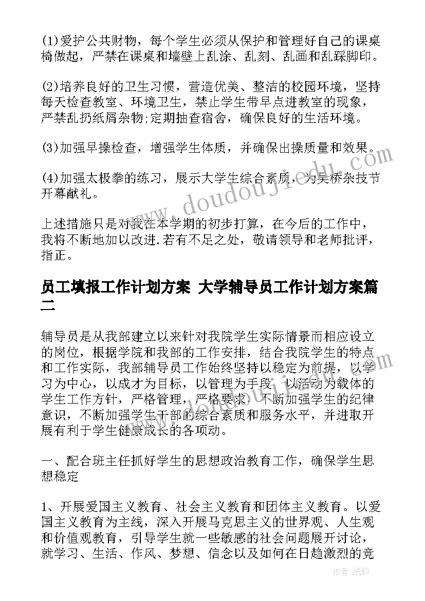 2023年员工填报工作计划方案 大学辅导员工作计划方案(大全5篇)