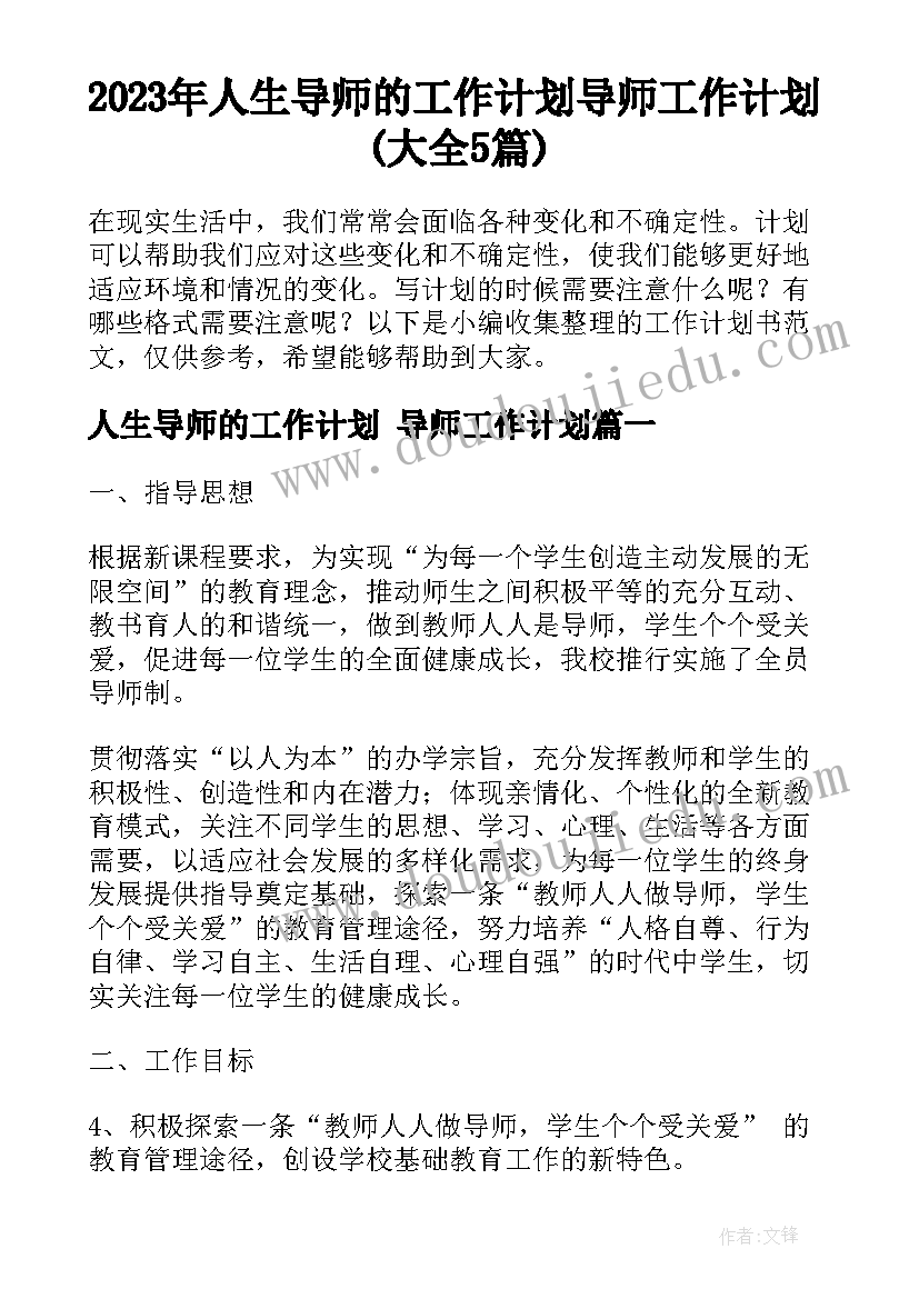 2023年人生导师的工作计划 导师工作计划(大全5篇)