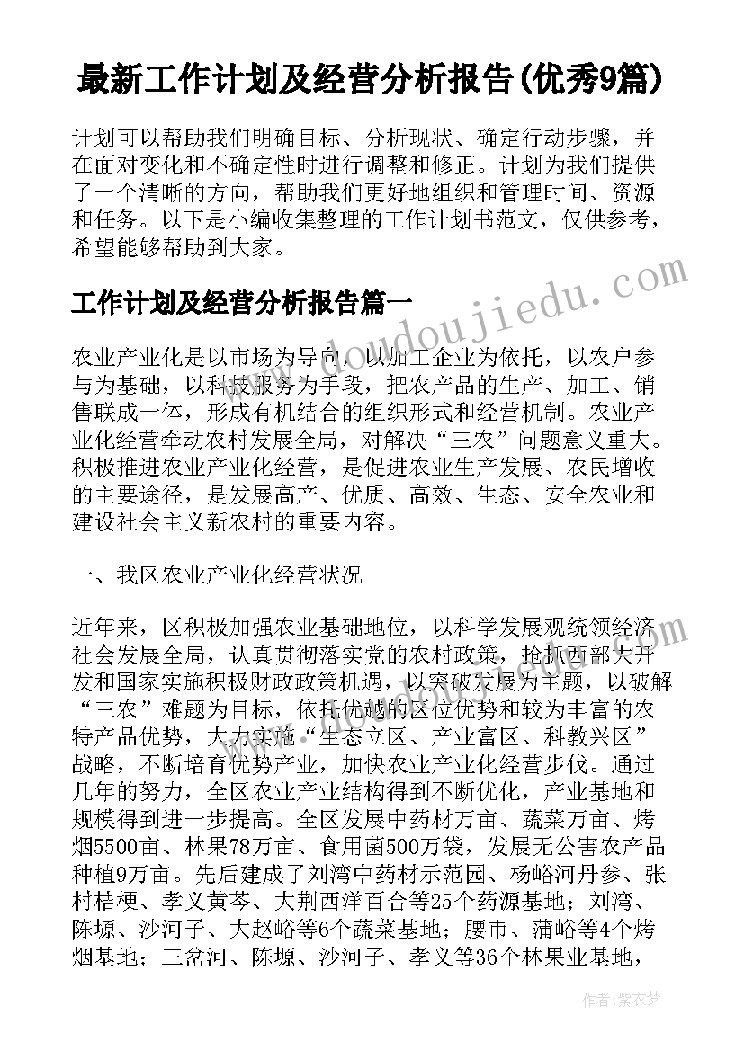 最新工作计划及经营分析报告(优秀9篇)