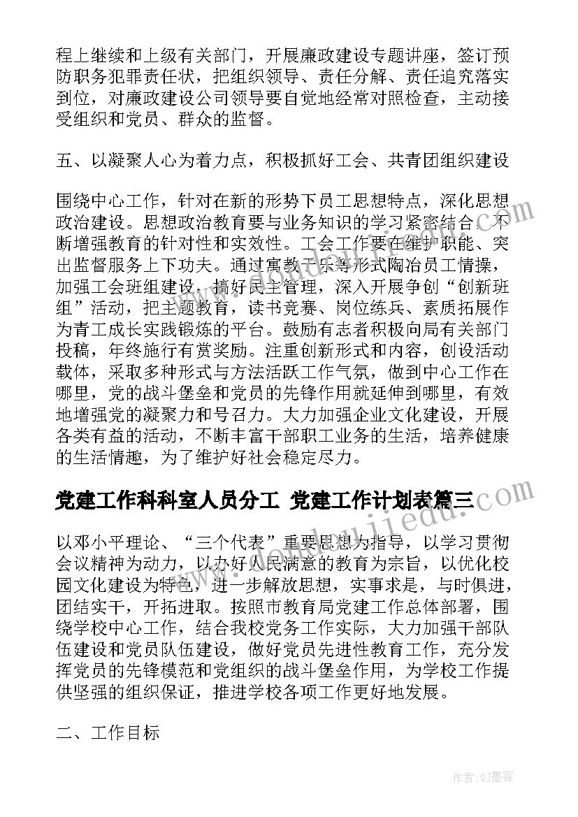 党建工作科科室人员分工 党建工作计划表(优秀8篇)