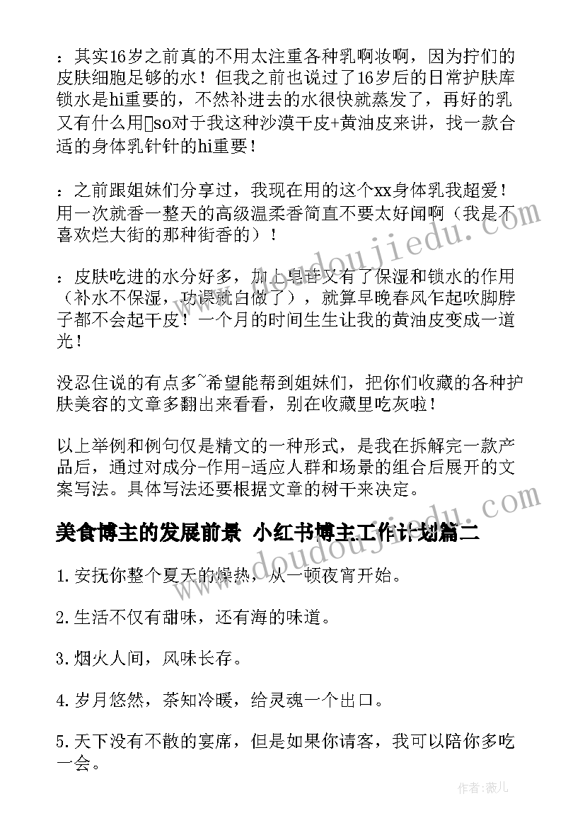 2023年美食博主的发展前景 小红书博主工作计划(汇总5篇)