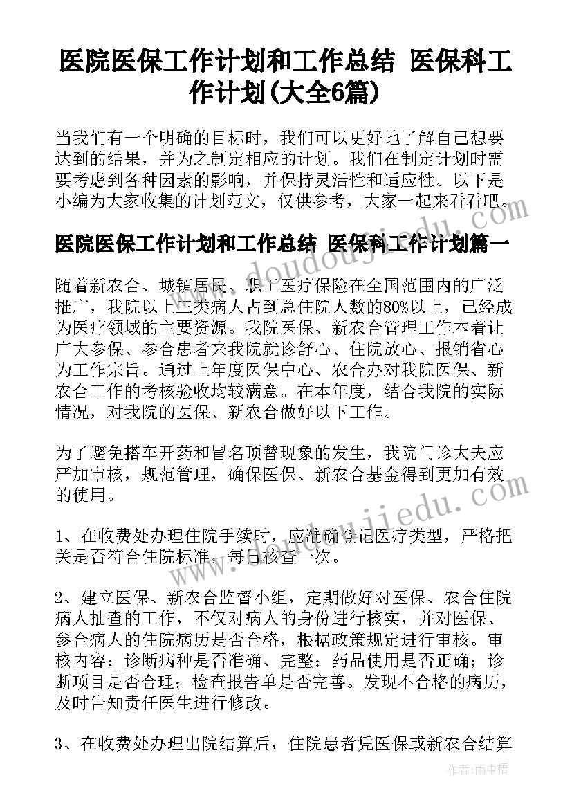 医院医保工作计划和工作总结 医保科工作计划(大全6篇)