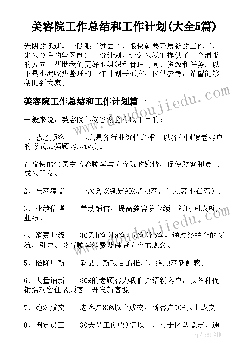 美容院工作总结和工作计划(大全5篇)