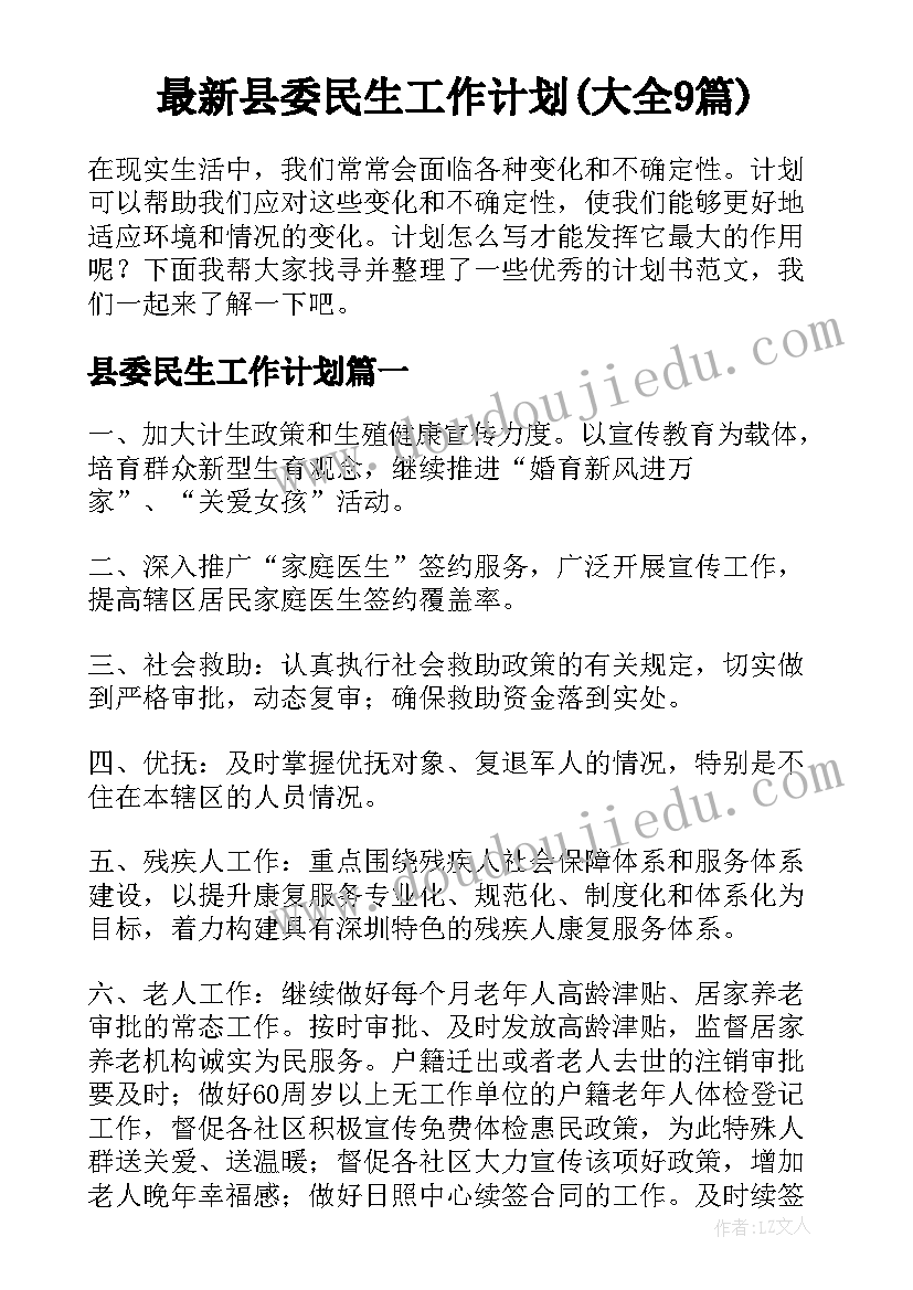 最新县委民生工作计划(大全9篇)