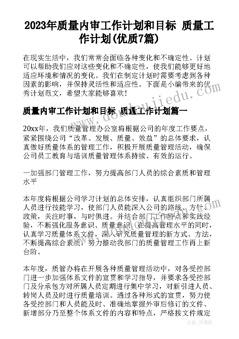 2023年质量内审工作计划和目标 质量工作计划(优质7篇)