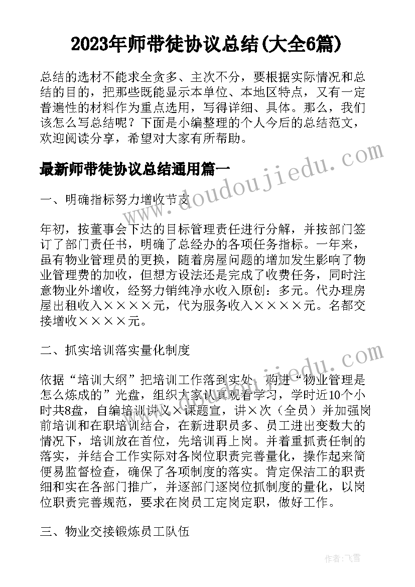 2023年师带徒协议总结(大全6篇)