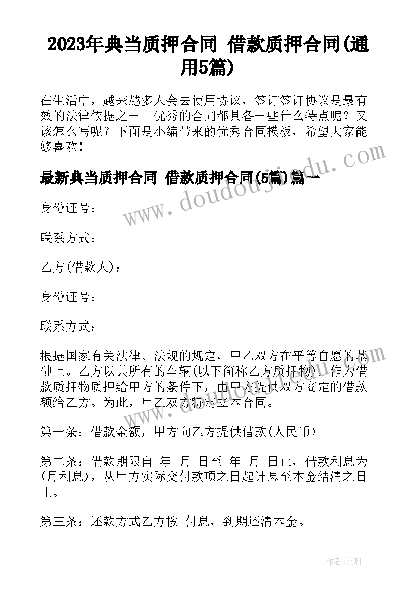 2023年典当质押合同 借款质押合同(通用5篇)