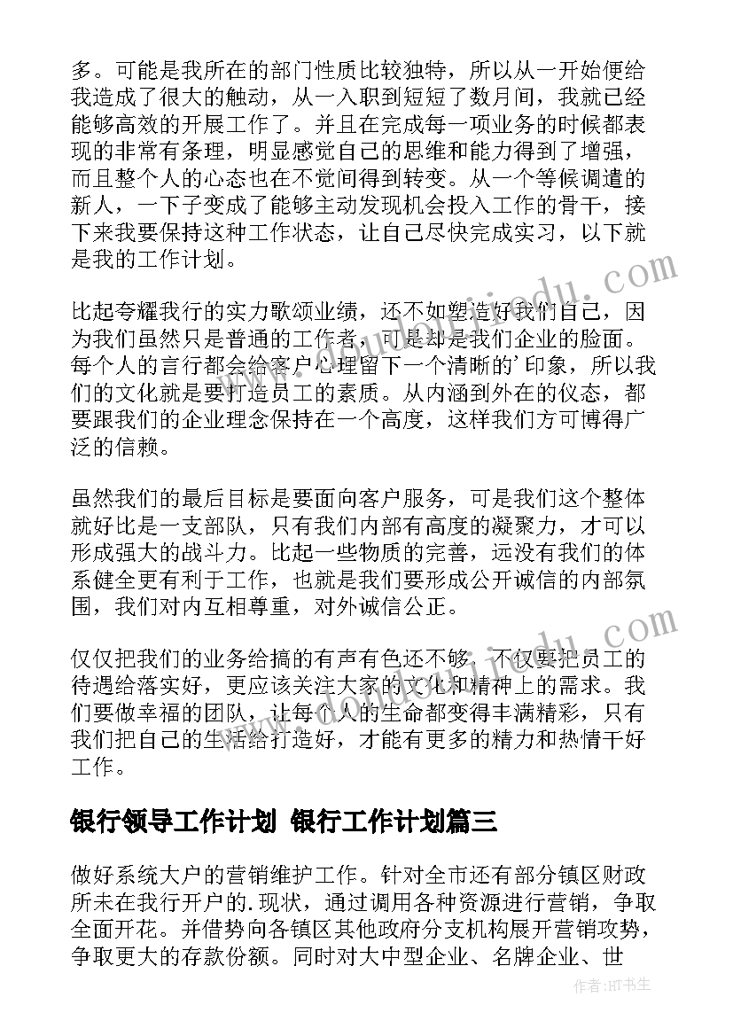 最新银行领导工作计划 银行工作计划(精选8篇)