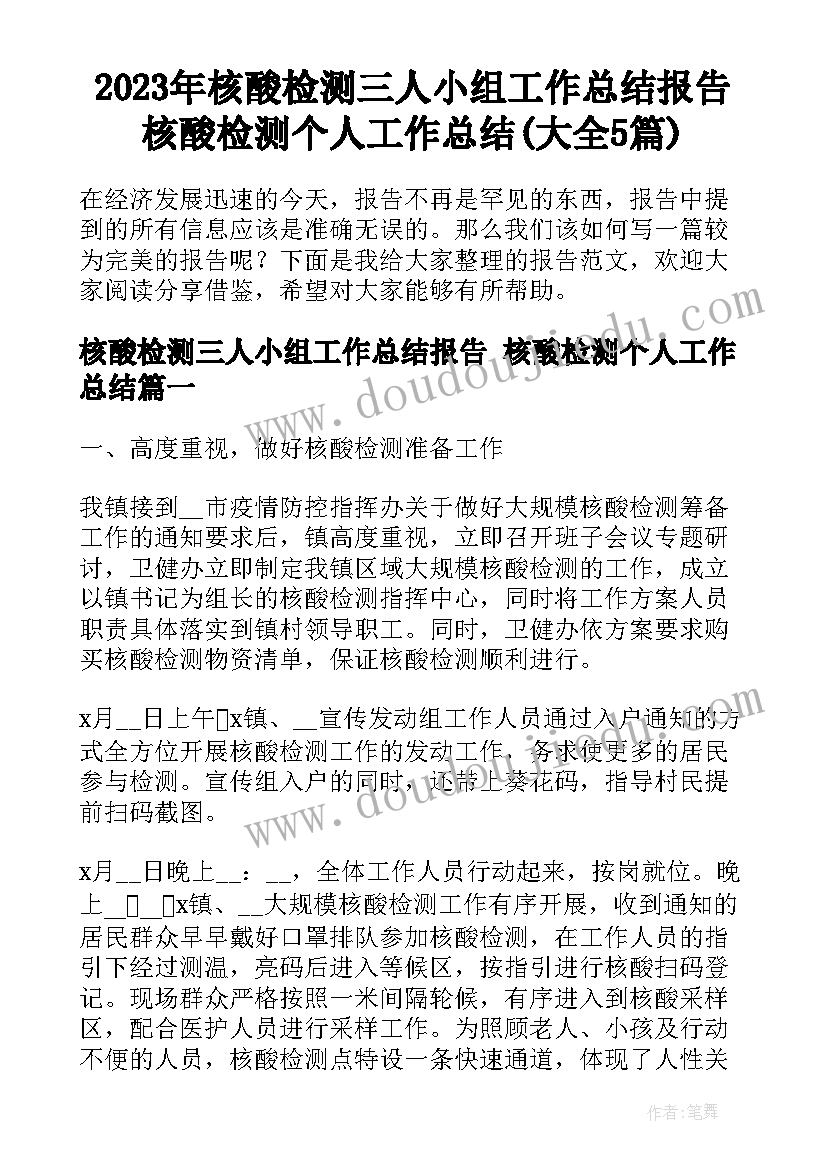 2023年核酸检测三人小组工作总结报告 核酸检测个人工作总结(大全5篇)