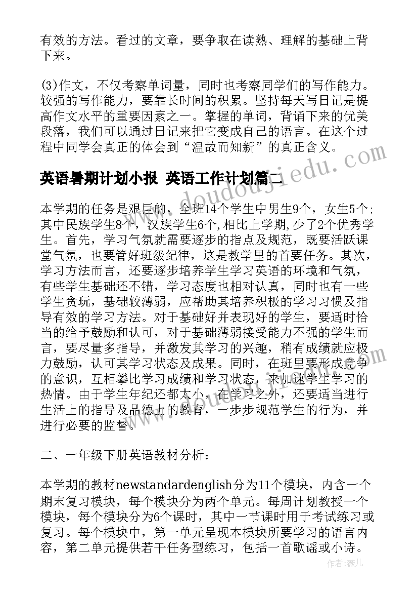 最新英语暑期计划小报 英语工作计划(精选10篇)