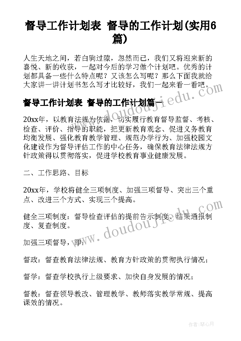 督导工作计划表 督导的工作计划(实用6篇)