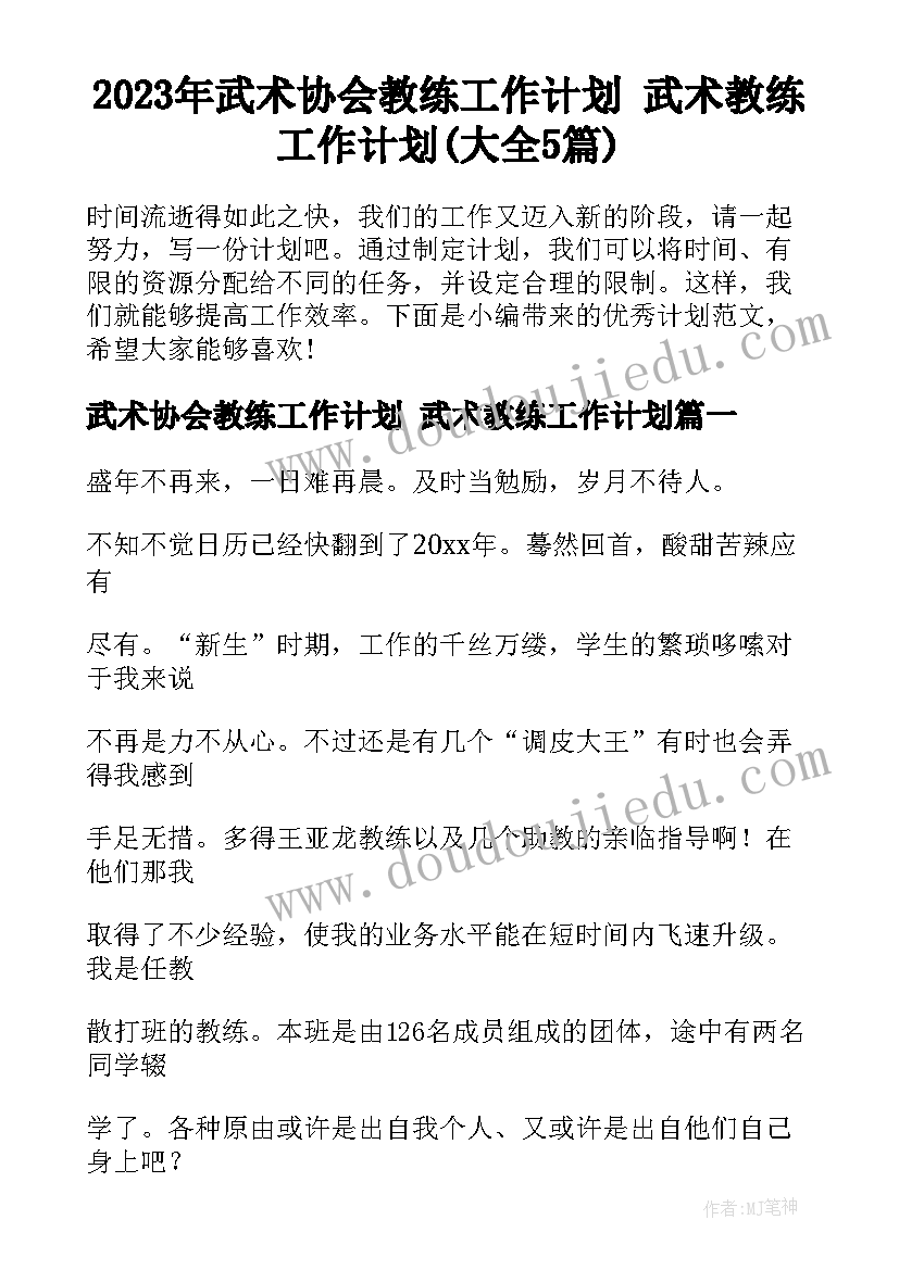 2023年武术协会教练工作计划 武术教练工作计划(大全5篇)