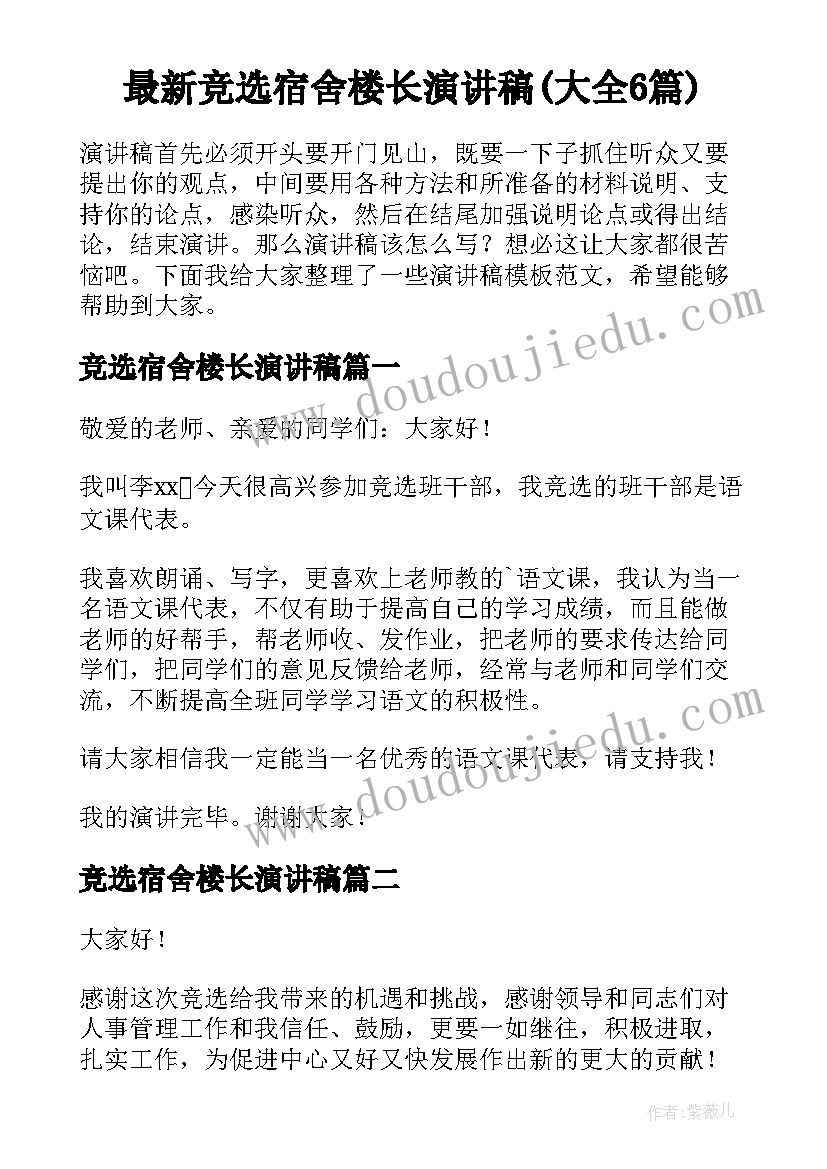 最新竞选宿舍楼长演讲稿(大全6篇)