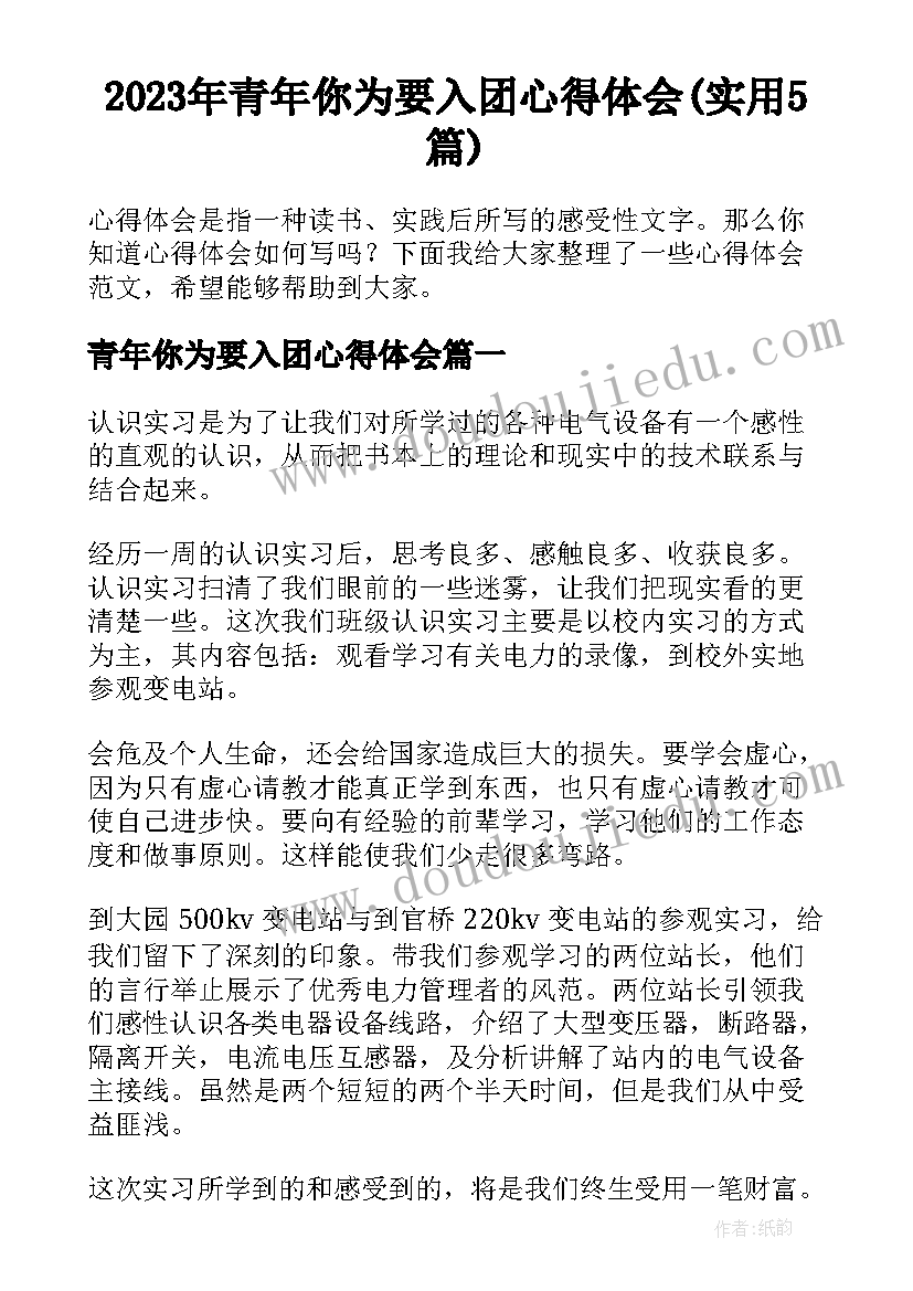 2023年青年你为要入团心得体会(实用5篇)