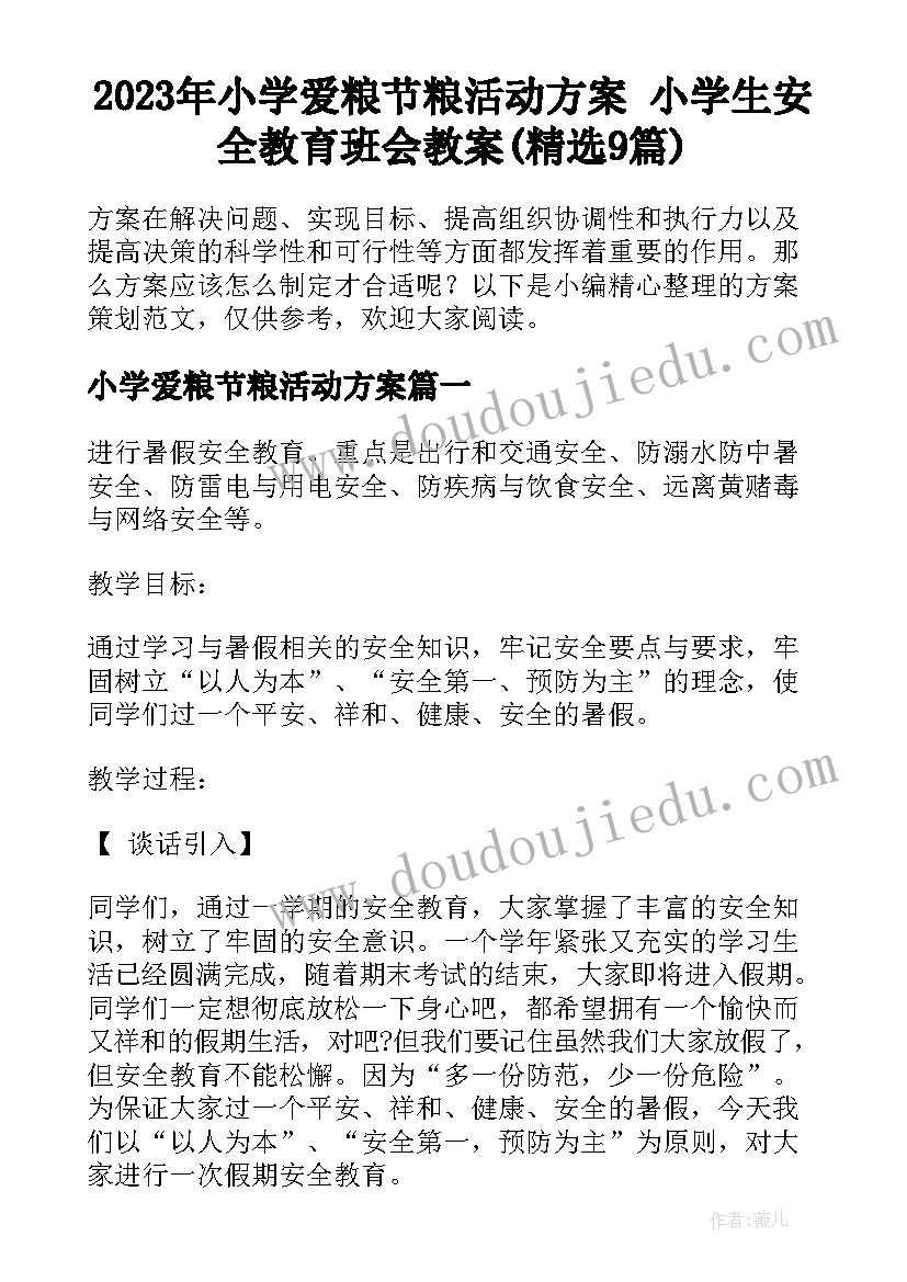 2023年小学爱粮节粮活动方案 小学生安全教育班会教案(精选9篇)