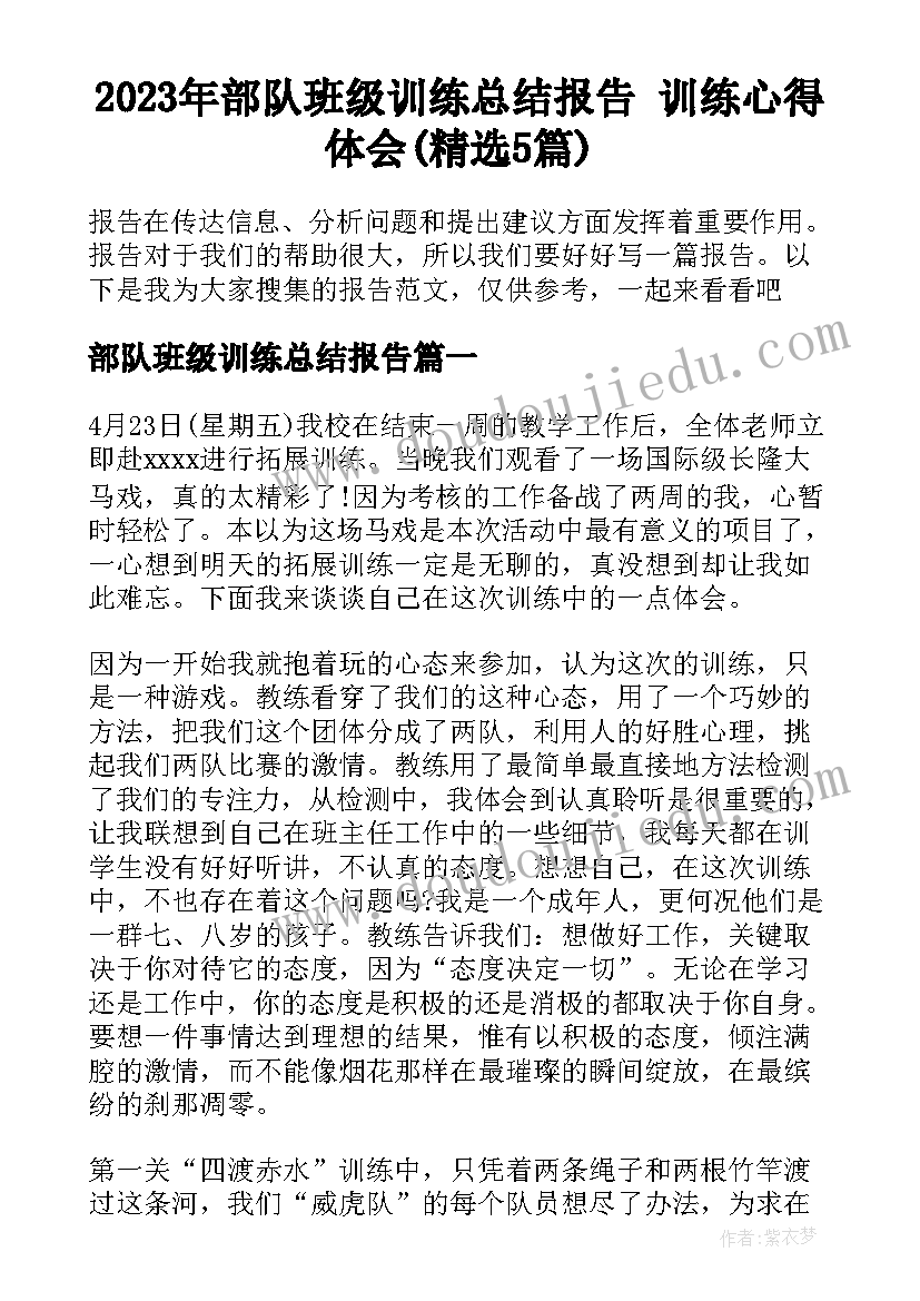 2023年部队班级训练总结报告 训练心得体会(精选5篇)