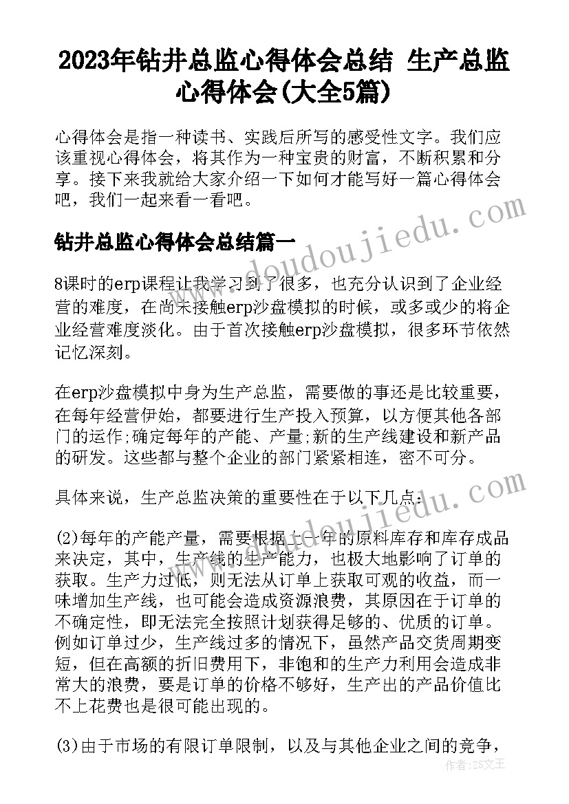 2023年钻井总监心得体会总结 生产总监心得体会(大全5篇)