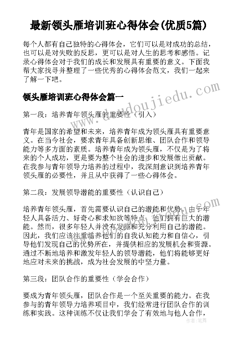 最新领头雁培训班心得体会(优质5篇)