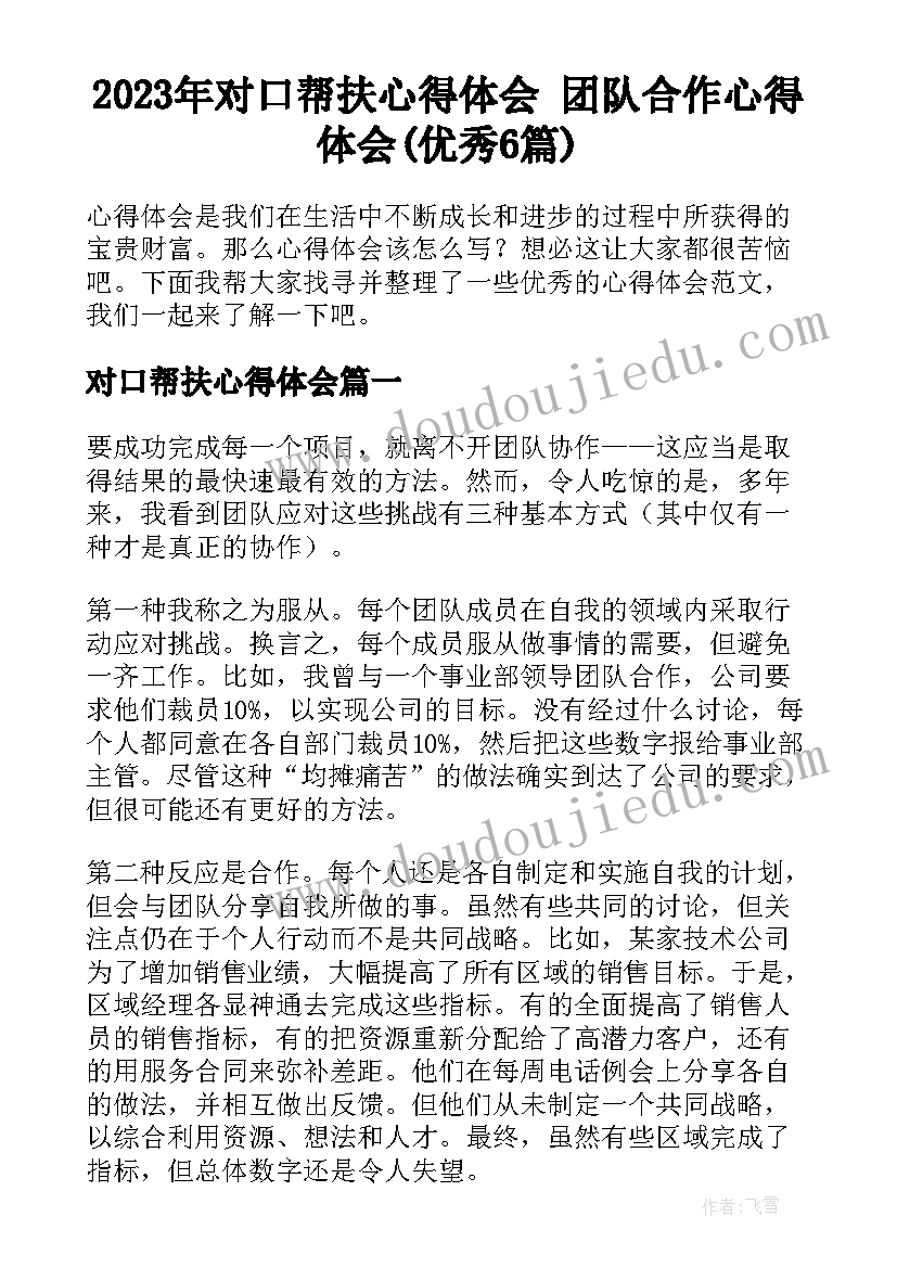 2023年对口帮扶心得体会 团队合作心得体会(优秀6篇)