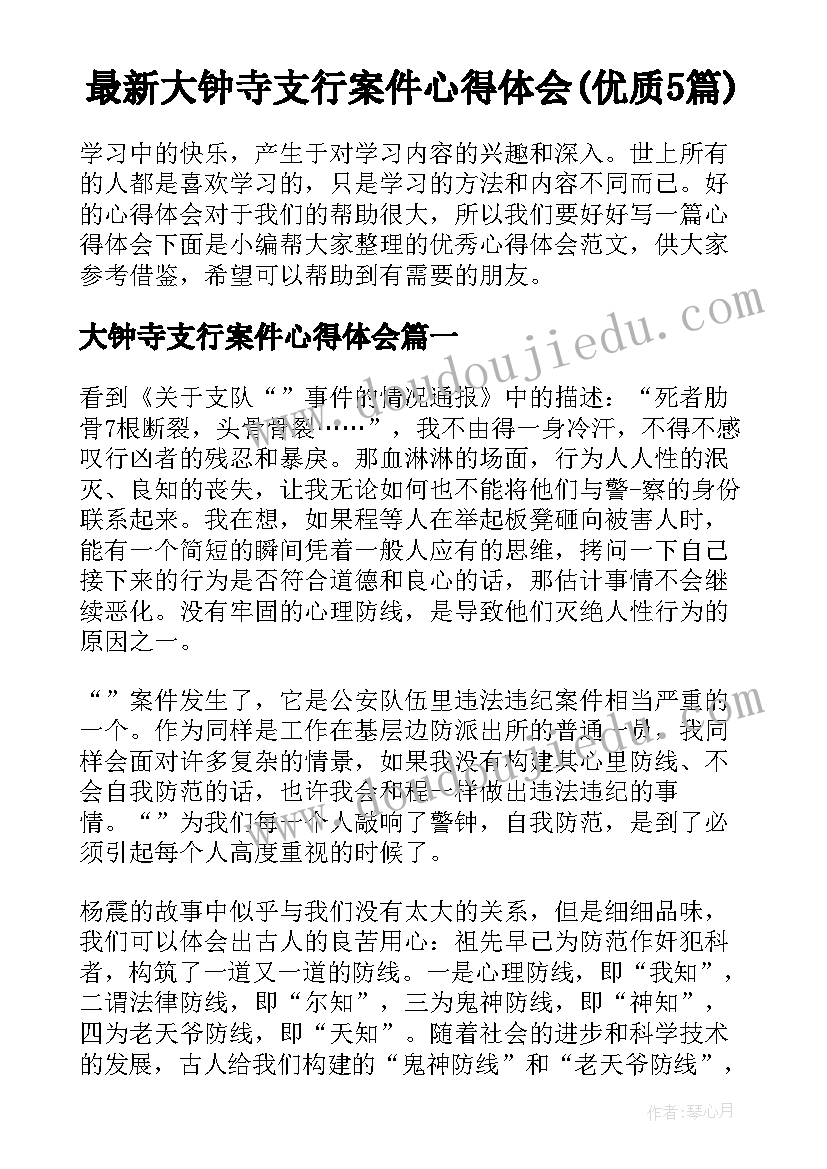 最新大钟寺支行案件心得体会(优质5篇)