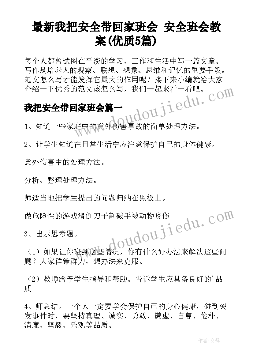 最新我把安全带回家班会 安全班会教案(优质5篇)