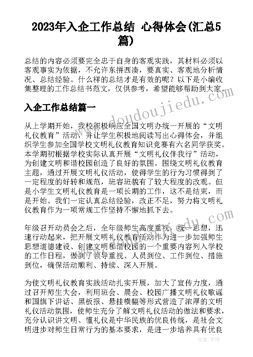 2023年入企工作总结 心得体会(汇总5篇)