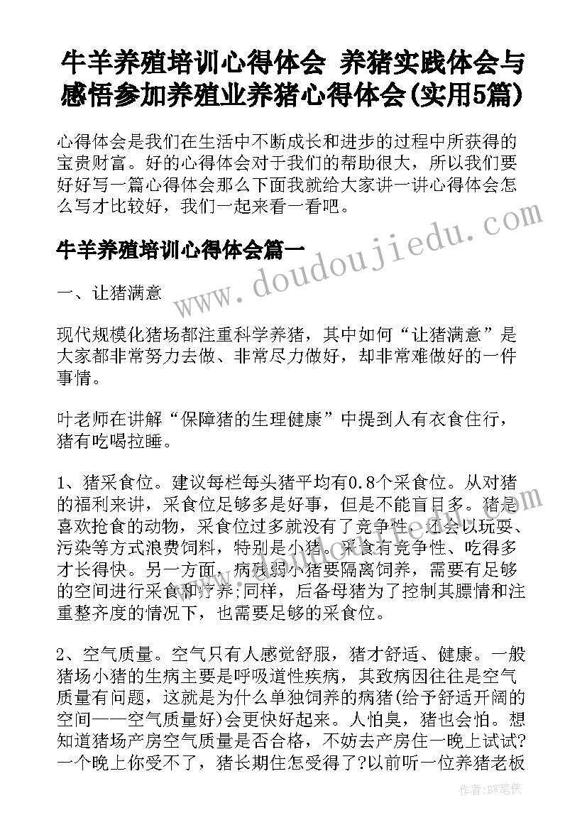 牛羊养殖培训心得体会 养猪实践体会与感悟参加养殖业养猪心得体会(实用5篇)