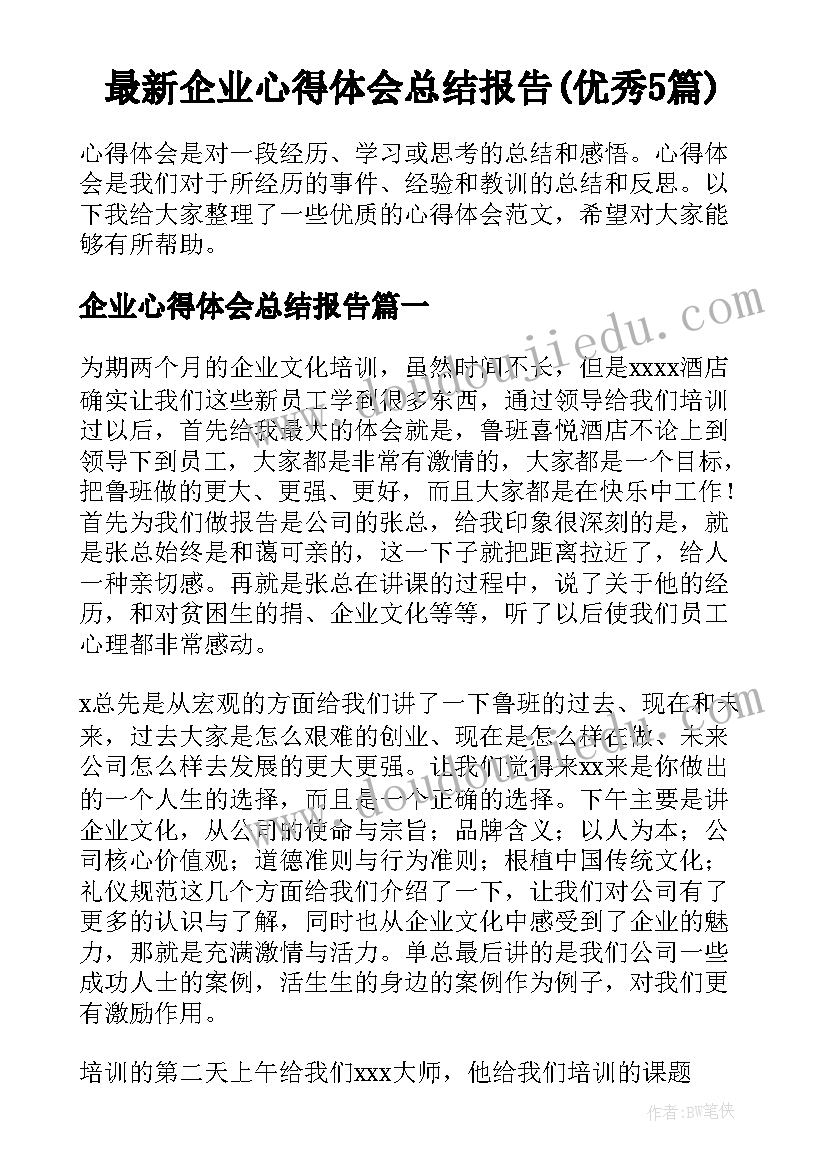 最新企业心得体会总结报告(优秀5篇)